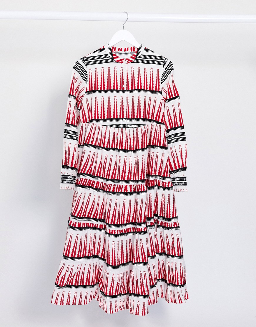 Only midi smock dress in red graphic print-Multi