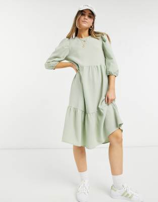 Only midi smock dress with tiering in sage green