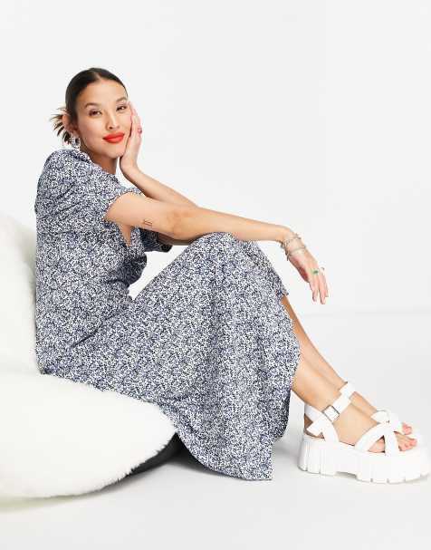 Only midi tea dress in blue and white floral print - view 1