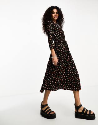 Only – Midi-Wickelkleid in Schwarz und Rot mit Blümchenmuster 