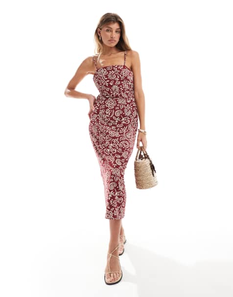 ONLY – Midikleid in Burgunderrot mit Bindedetail am Rücken und Paisleyprint - view 1