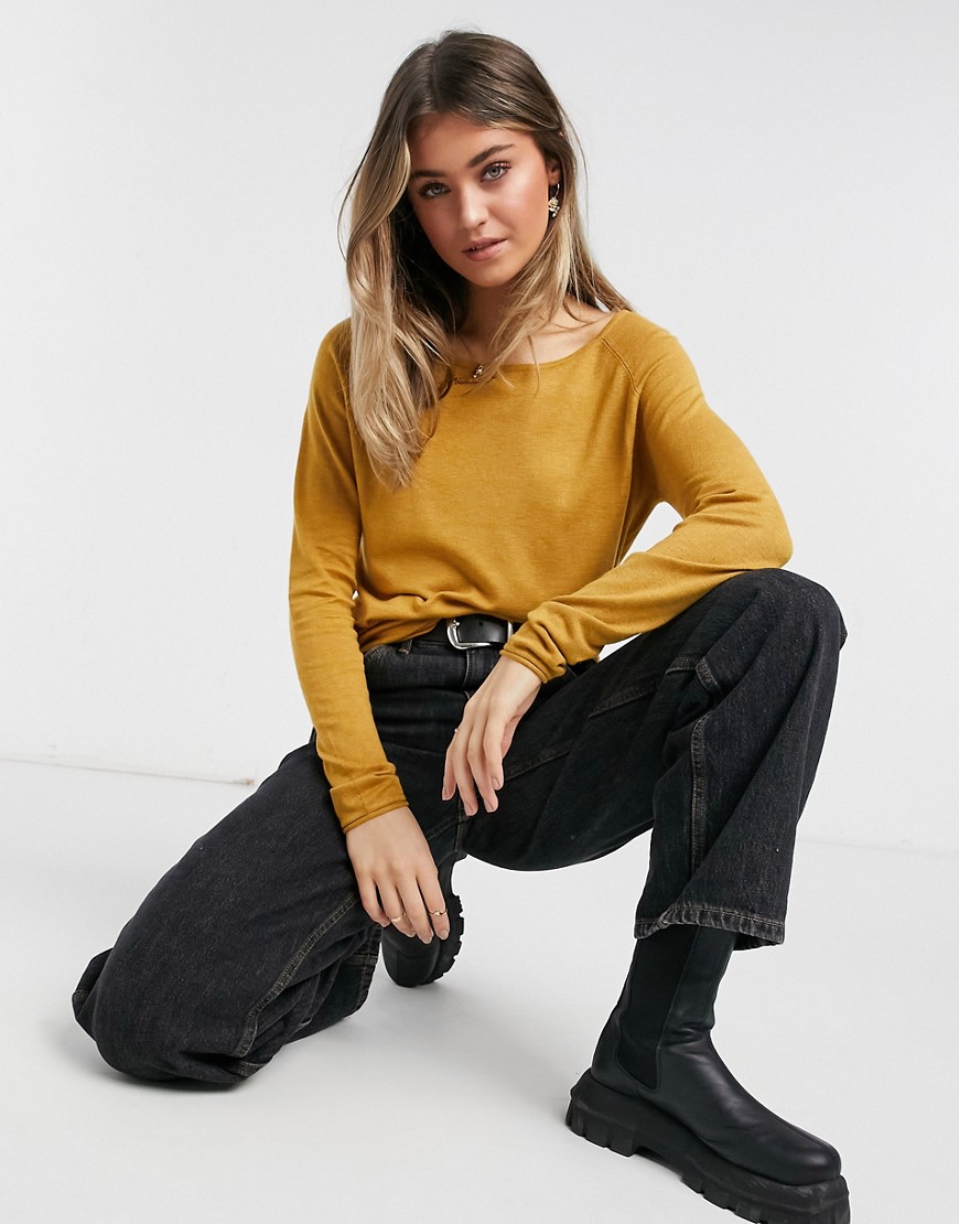 Only Mila long sleeve fine knit sweater in mustard yellow-Neutral
