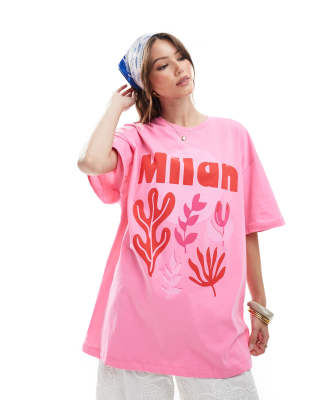ONLY - Milan - Oversize-T-Shirt in Rosa mit Grafik