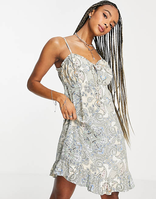 Only mini cami dress with tie-front detail in paisley print