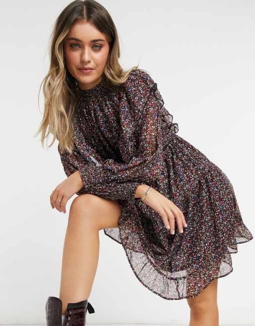 Only mini dress with high neck and ruffle detail in mixed floral print |  ASOS