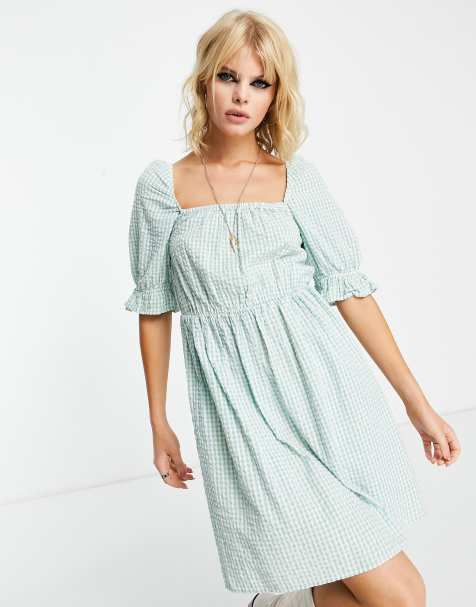 Only mini dress with square neck and puff sleeve in green gingham - view 1