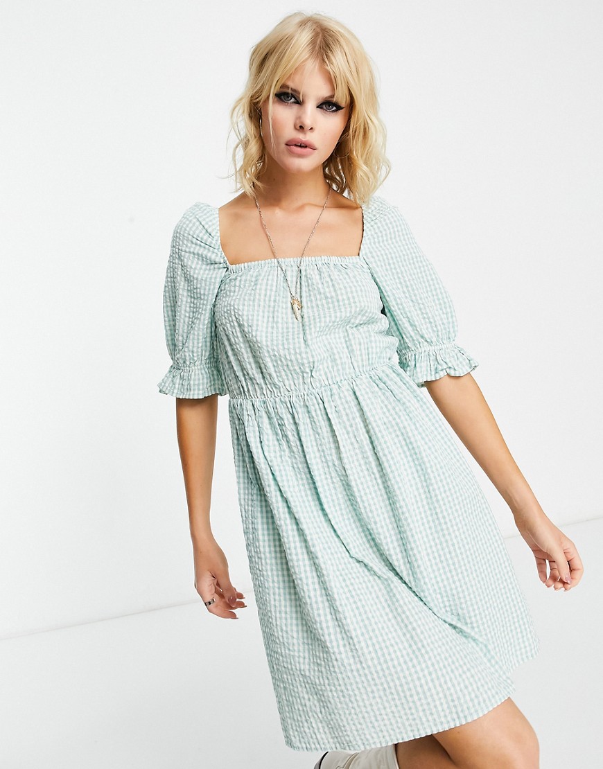 mini dress with square neck and puff sleeve in green gingham