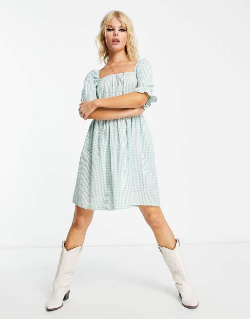 Only mini dress with square neck and puff sleeve in green gingham, 4 of 4