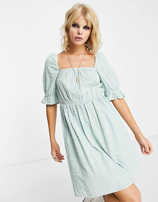 Only mini dress with square neck and puffed sleeve in green gingham