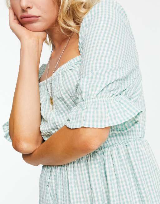 Only mini dress with square neck and puffed sleeve in green gingham, 3 of 4