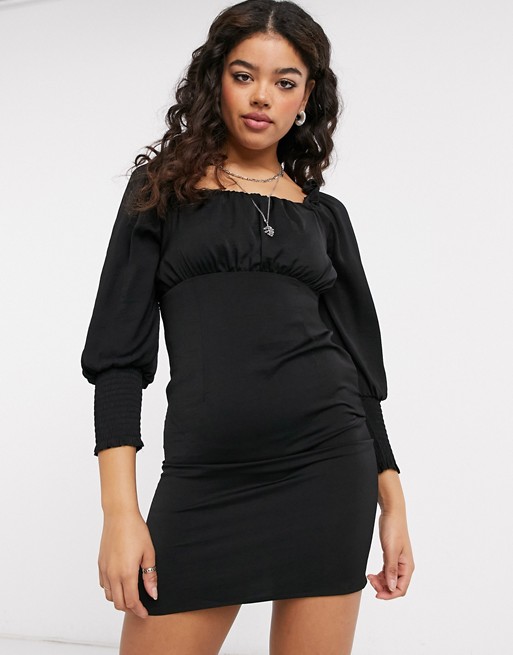 Only mini dress with square neck and shirred sleeves in black