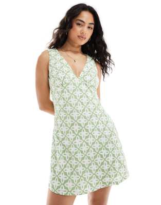 Only Mini Geo Print Dress In Sage Green