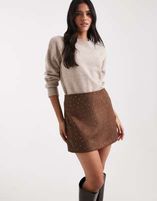 Mini-jupe cloutée imitation daim - Marron-Brown 38