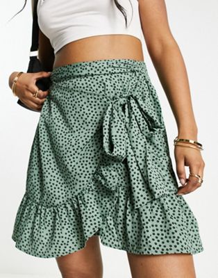 Only ruffle wrap mini skirt in green spot - ASOS Price Checker