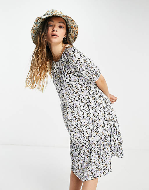 Only mini smock dress with open back in ditsy floral