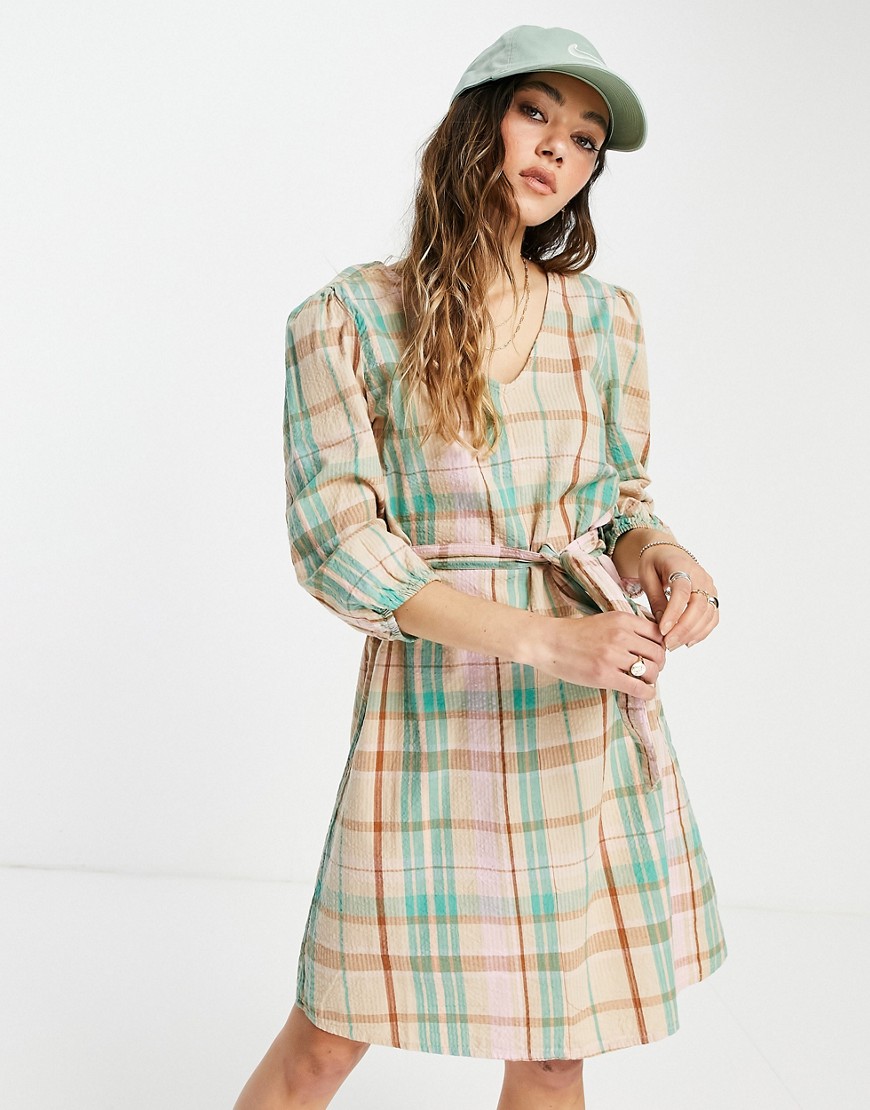 Only mini smock dress with volume sleeve and tie waist in mint check-Multi