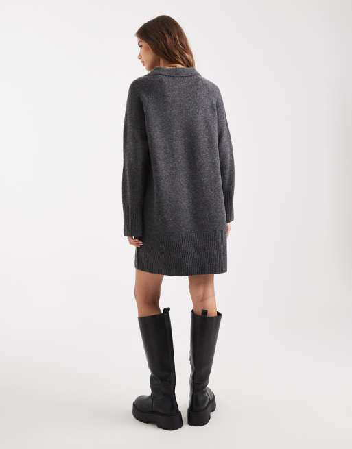 ONLY – Mini-Strickkleid in Grau mit Polokragen, 4 von 4
