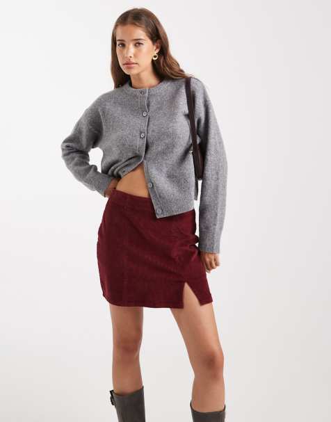 ONLY - Minirok met inkeping aan de voorkant in bordeauxrood corduroy - view 1