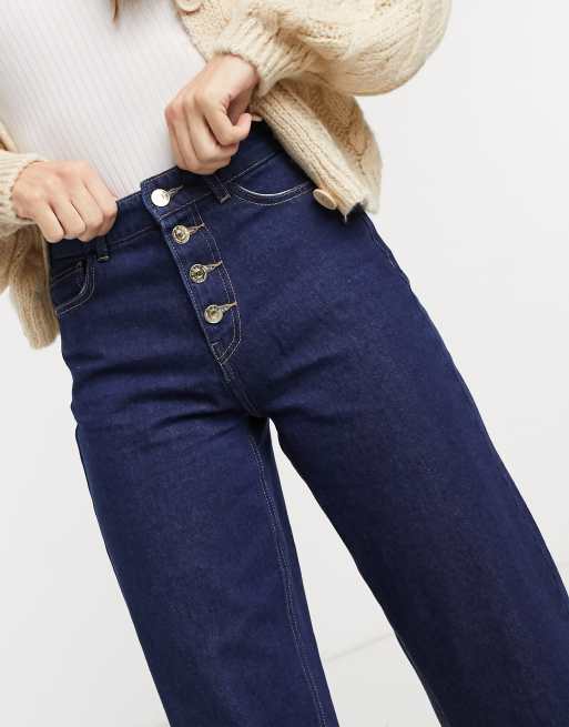 Only molly high waisted button detail wide leg jeans in dark blue