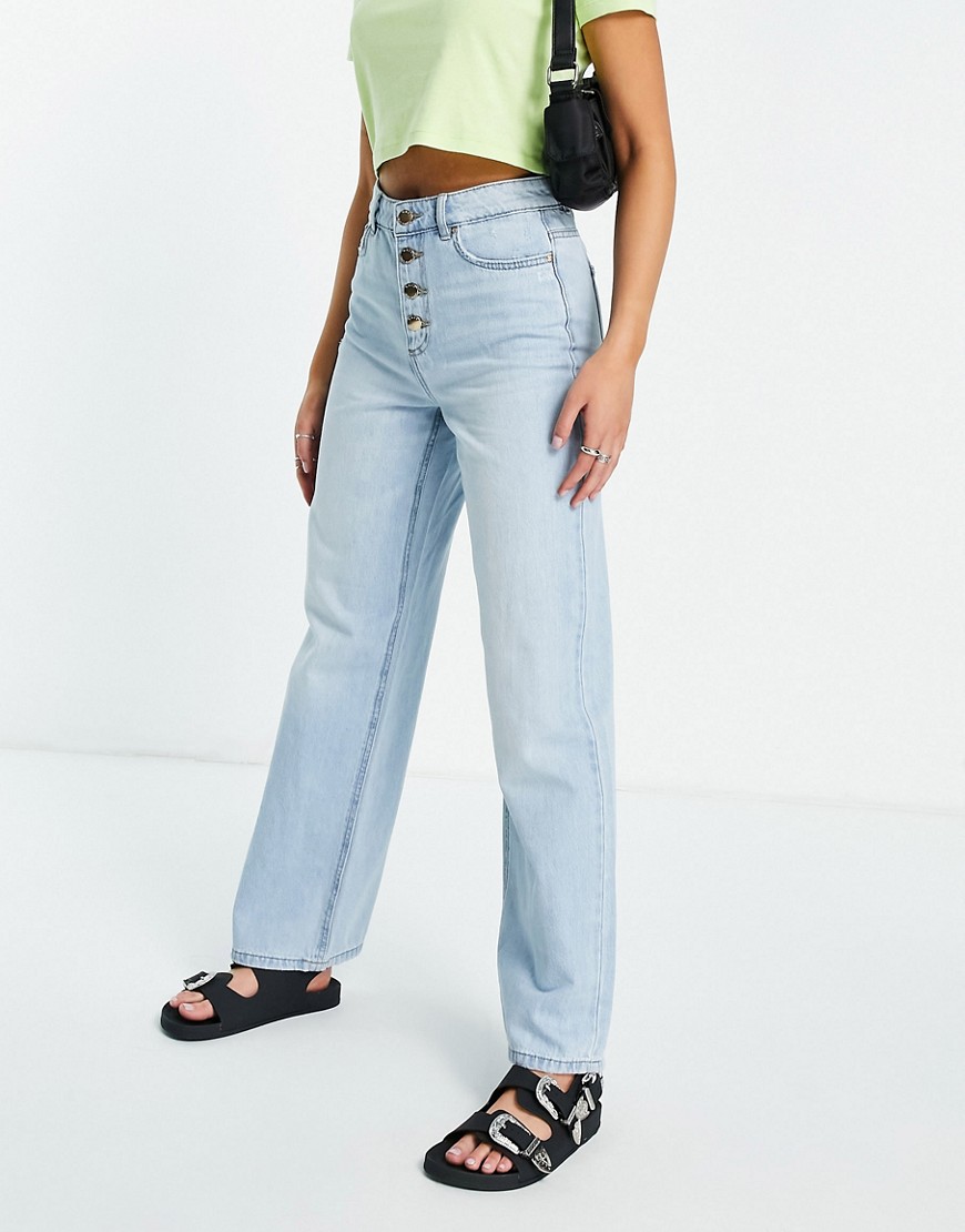 Only Molly wide leg jeans with exposed buttons in light blue-Blues