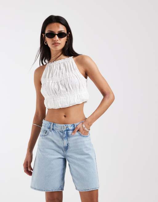 ONLY - Mom shorts ampi a vita medio alta in denim azzurro, 2 di 5