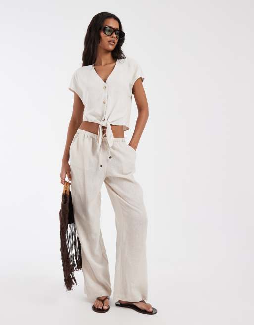 ONLY - Mouwloze top van linnenmix met gestrikte voorkant in beige, deel van co-ord set, 2 van 4