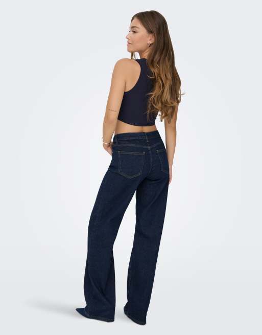 ONLY - Mørkeblå jeans i denim med vide ben, 2 af 7