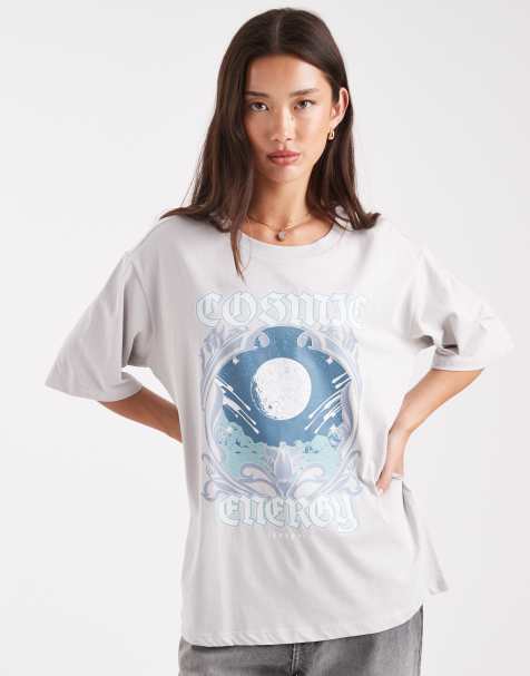 ONLY - Mørkegrå oversized T-shirt med kosmisk grafik - view 1
