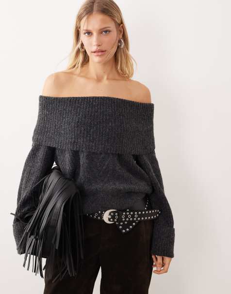 ONLY - Mørkegrå strikket offshoulder-trøje - view 1