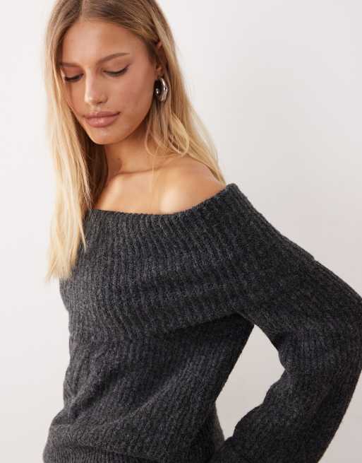 ONLY - Mørkegrå strikket offshoulder-trøje, 2 af 4