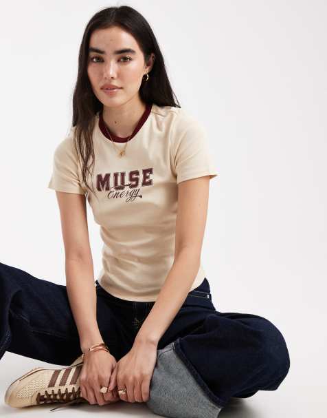 ONLY muse print shrunken tee in beige - view 1