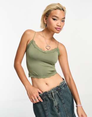 Only - Nahtloses Spitzen-Camisole in Khaki-Grün