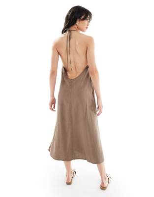 Only - Neckholder-Midikleid in verwaschenem Braun aus Leinenmischung-Brown