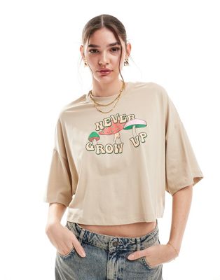 ONLY never grow up graphic cropped t-shirt in beige