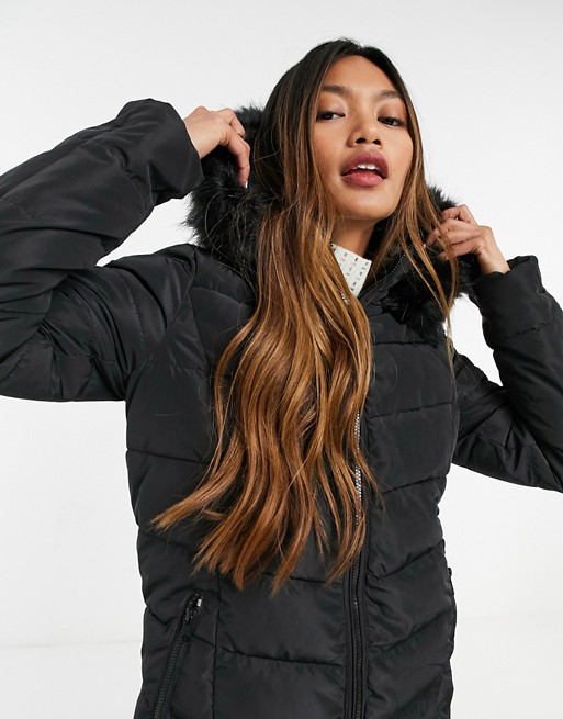 Only longline puffer jacket with faux fur hood in black