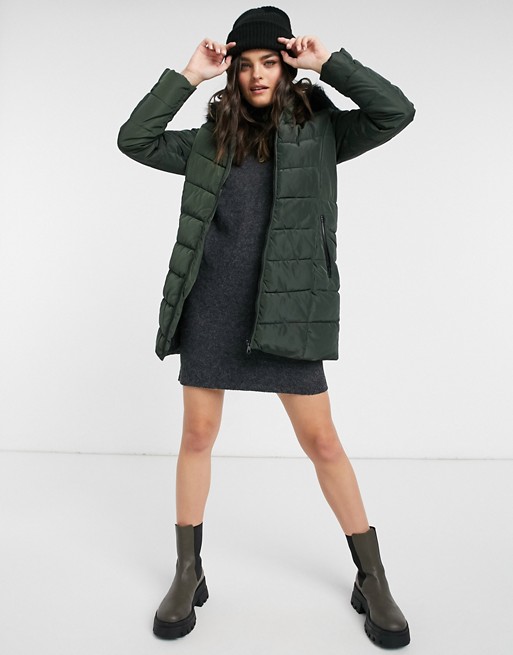 Only longline puffer jacket with faux fur hood in dark green