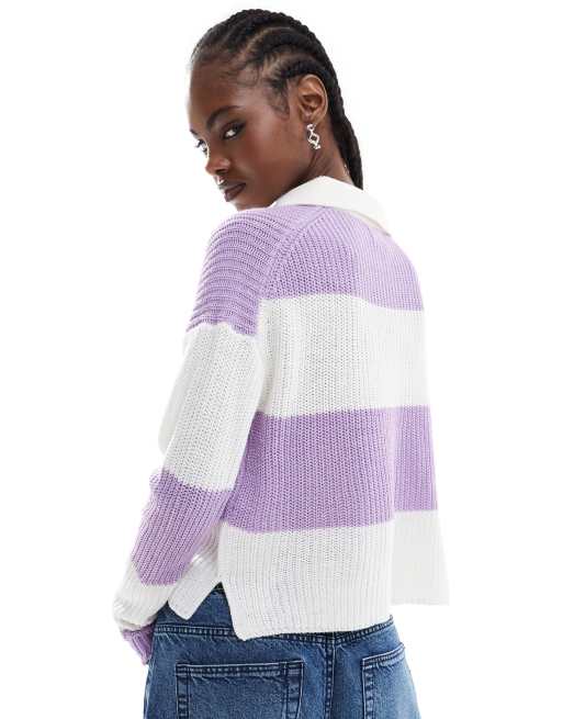 Only – Nicci – Fioletowy top w paski z kołnierzykiem polo, 3 z 4