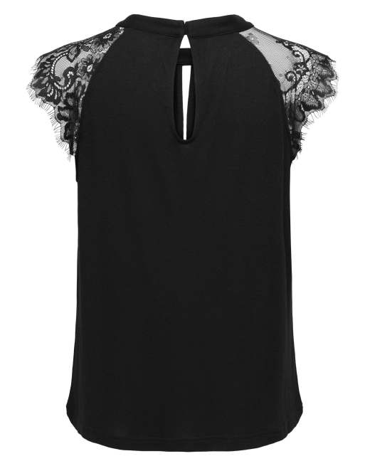 ONLY Nicola lace crew neck cap sleeves top in black, 7 of 7