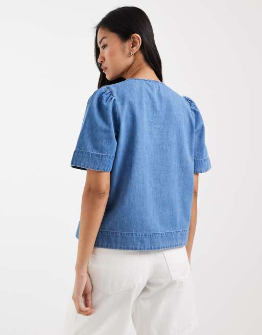 ONLY – Niebieska kurtka jeansowa z bufkami, 4 z 4