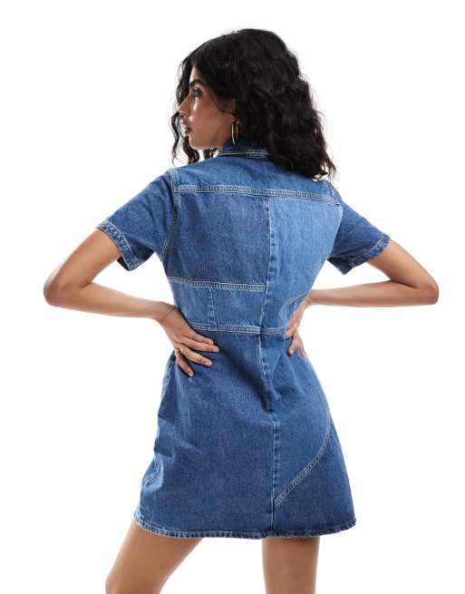 Only – Niebieska patchworkowa sukienka jeansowa mini z krótkimi rękawami , 3 z 4
