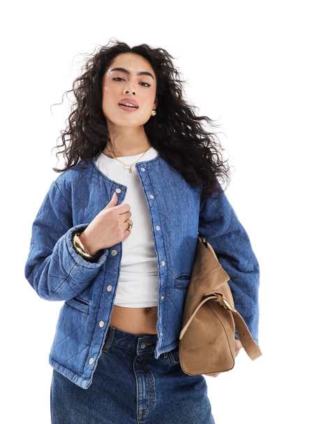 ONLY quilted denim jacket in mid blue