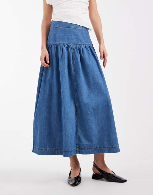 Only – Niebieska spódnica jeansowa maxi z obniżoną talią, 4 z 5