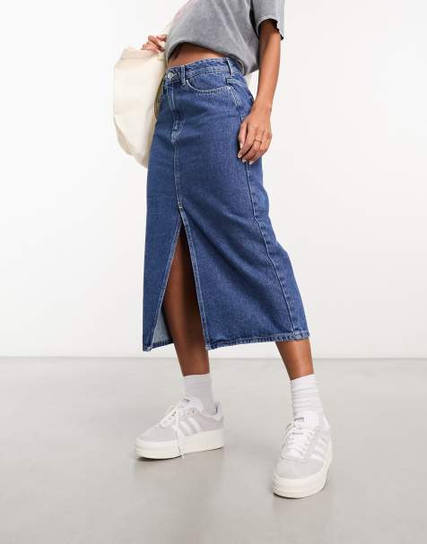 ONLY denim midi skirt with front split in mid blue 