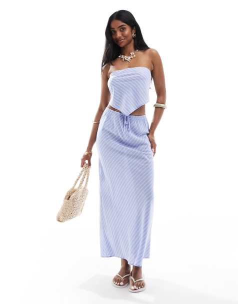 ONLY high waist maxi skirt co-ord in diagonal blue stripes