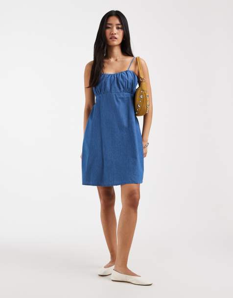 ONLY – Niebieska sukienka mini na ramiączkach z tkaniny chambray - view 1