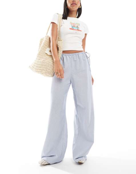 ONLY wide leg tie detail trousers in blue stripes