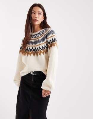 ONLY - Norwegerpullover in Beige mit Ballonärmeln-Neutral