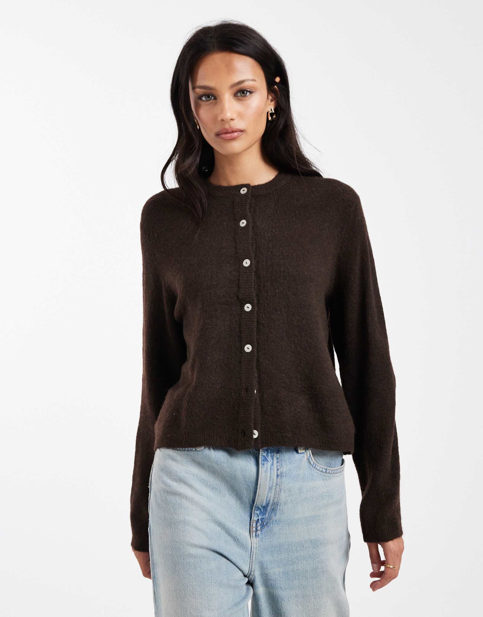 ЕДИНСТВЕННЫЙ кардиган с круглым вырезом темно-коричневого цвета