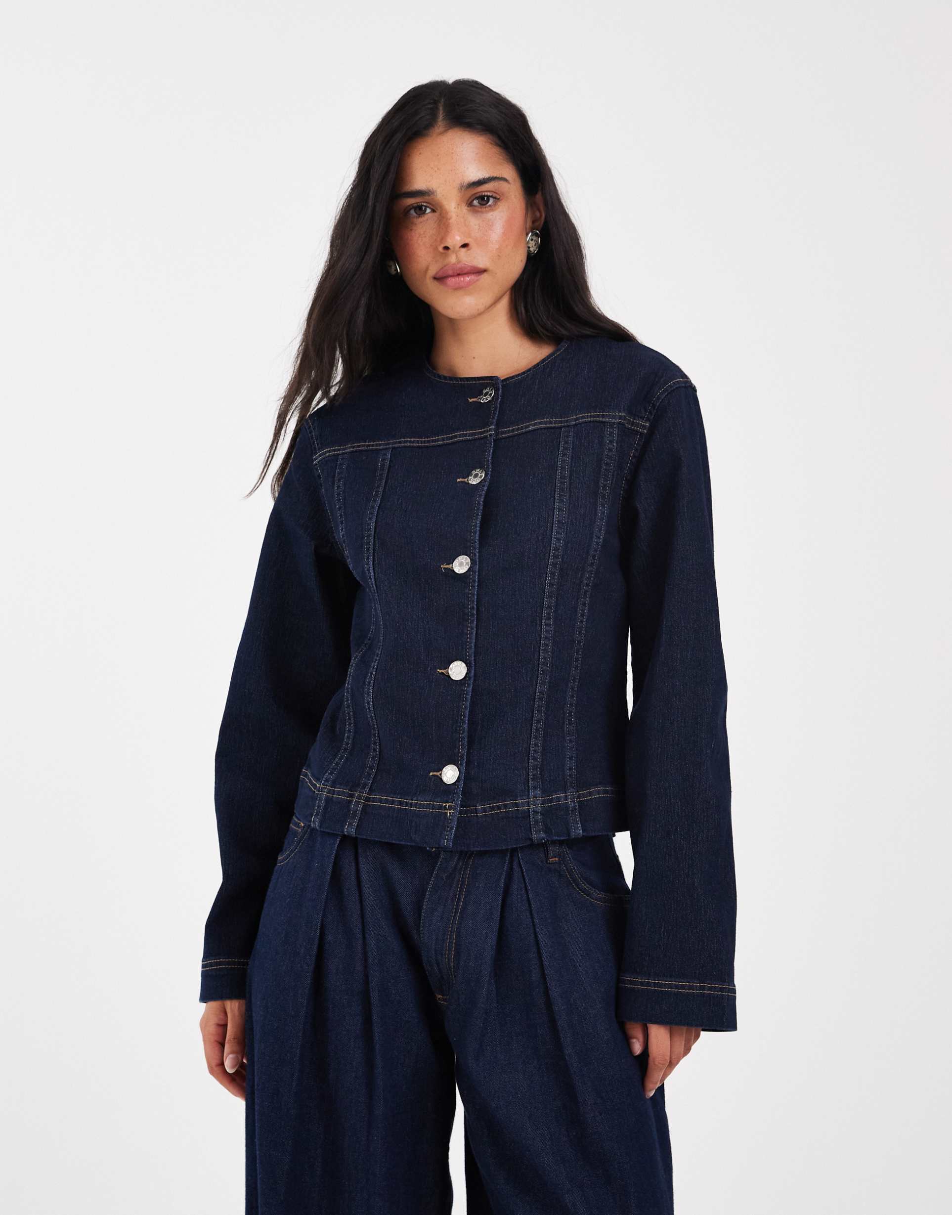 only o-neck fitted denim jacket in dark blue
