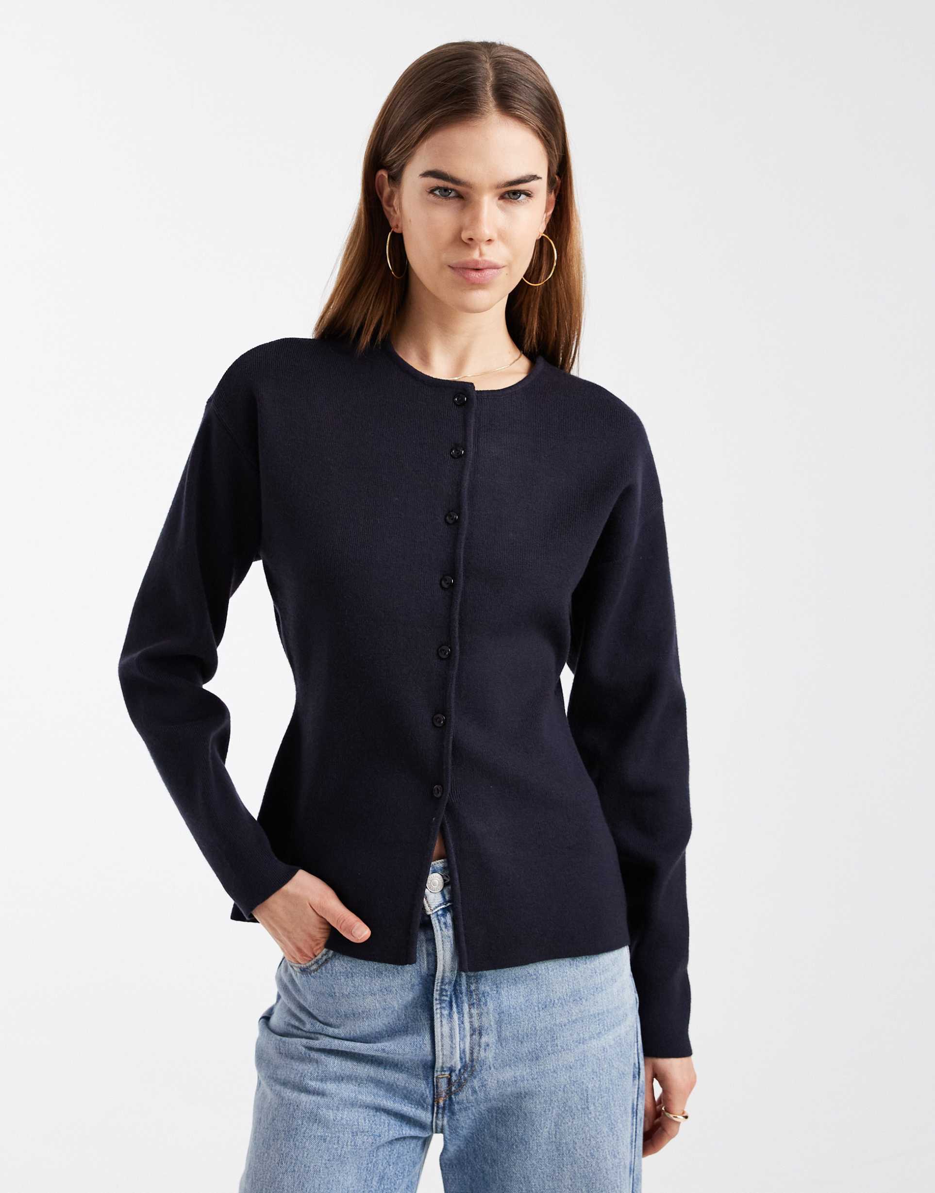 only o-neck knit cardigan in navy